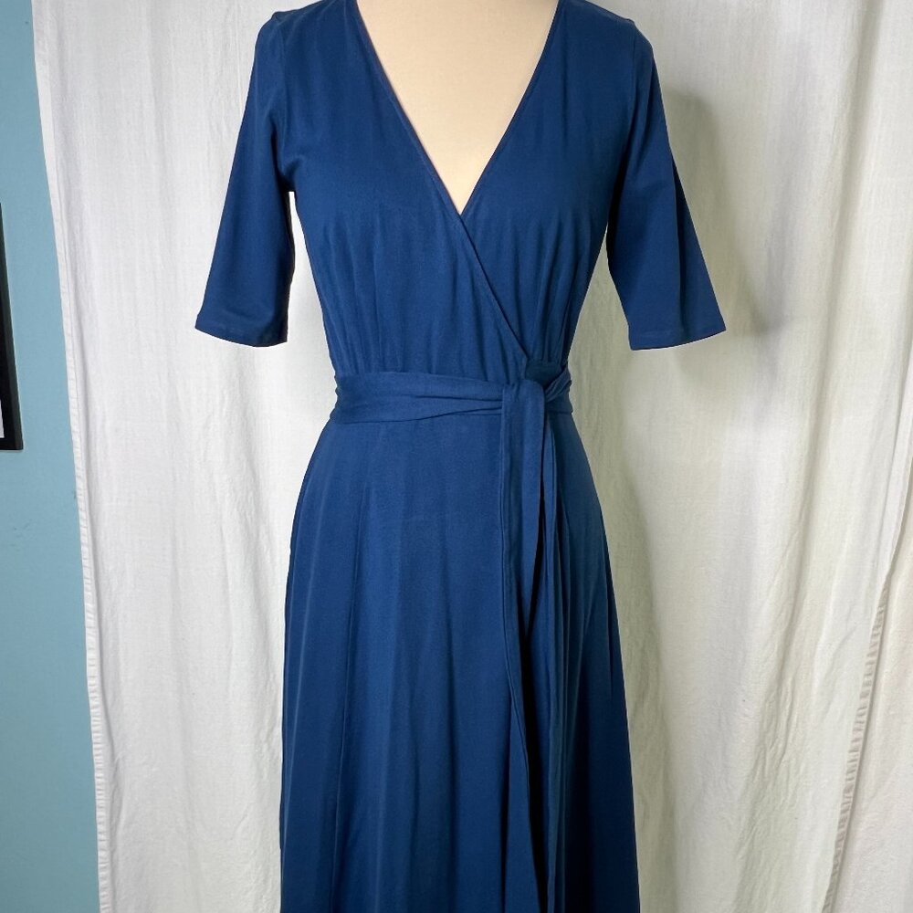 eShakti Blue Midi Wrap Dress V-Neck 3/4 Sleeves Side Seam Pockets Size S